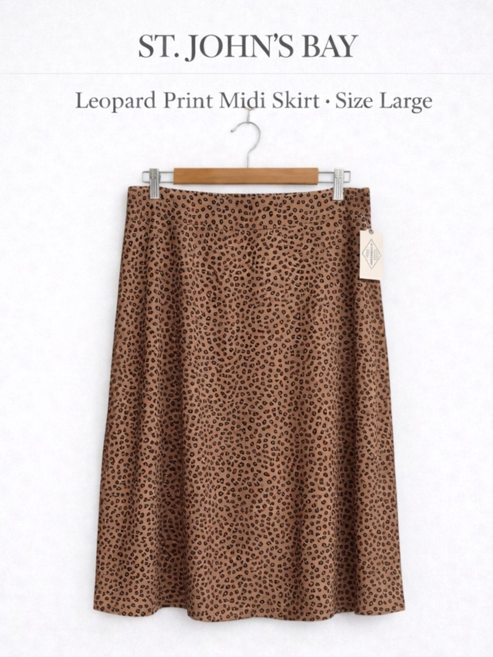 St. John’s Bay Leopard Print Midi Skirt Size Large Elastic Waist Pockets